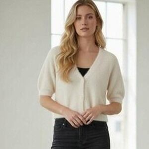 Revolve Toby Heart Ginger Crop Knit Top Jrs L Ivory Buttons Sho0rt Sleeves Boho
